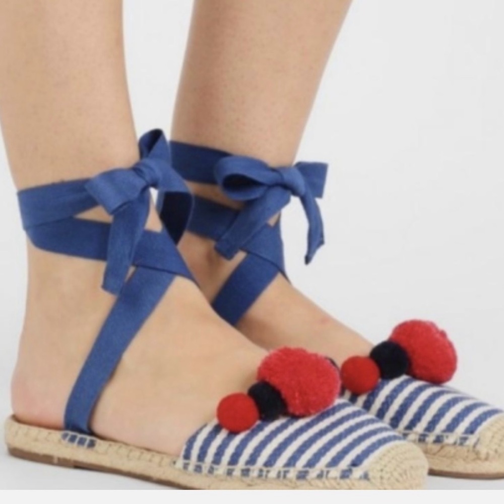 J. Crew Blue stripe & Red pompom Espadrille Sandals with Ribbon Ties